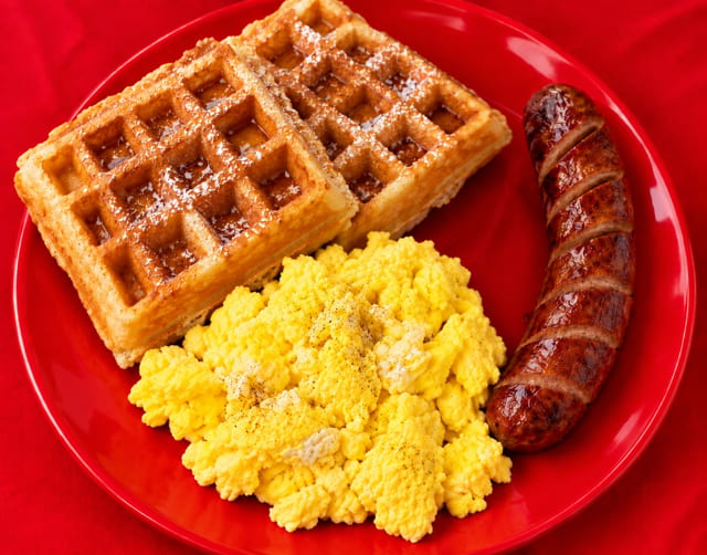 Waffle, Sausage Link, Eggs.