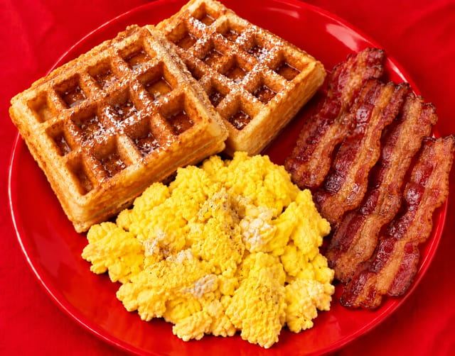 Waffle, Bacon, Eggs.