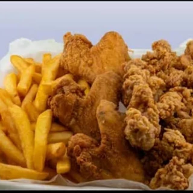 Catfish Nuggets with 2 Wings and 5 Shrimp.