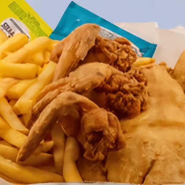 1 Pc Fish, 2 Wings & 5 Shrimp.