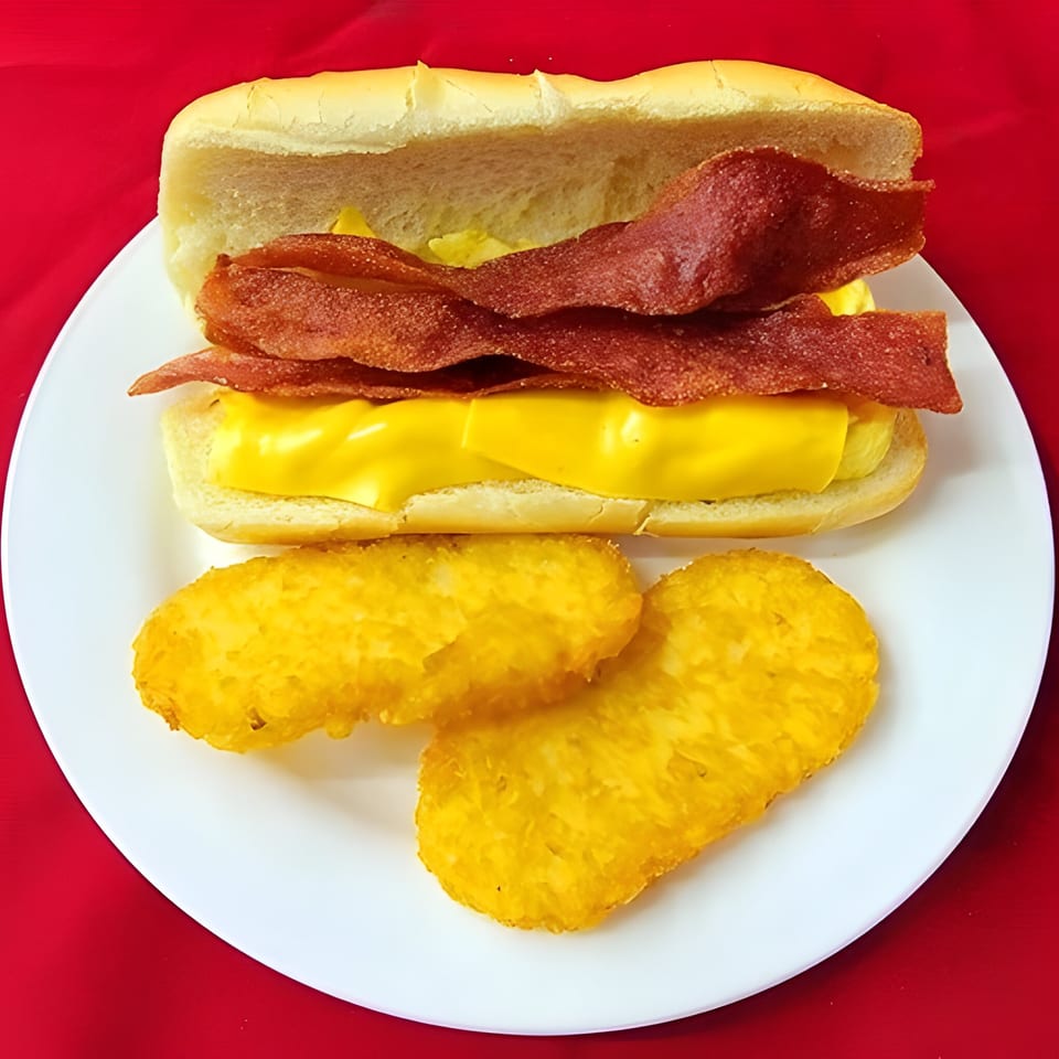 A breakfast sandwich with bacon, cheese, and egg on a bun, served with two hash browns.