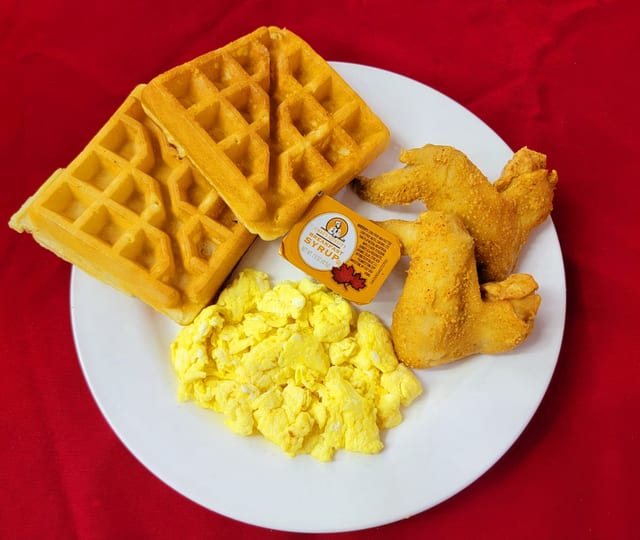 Waffle, 2 Wings, Eggs.