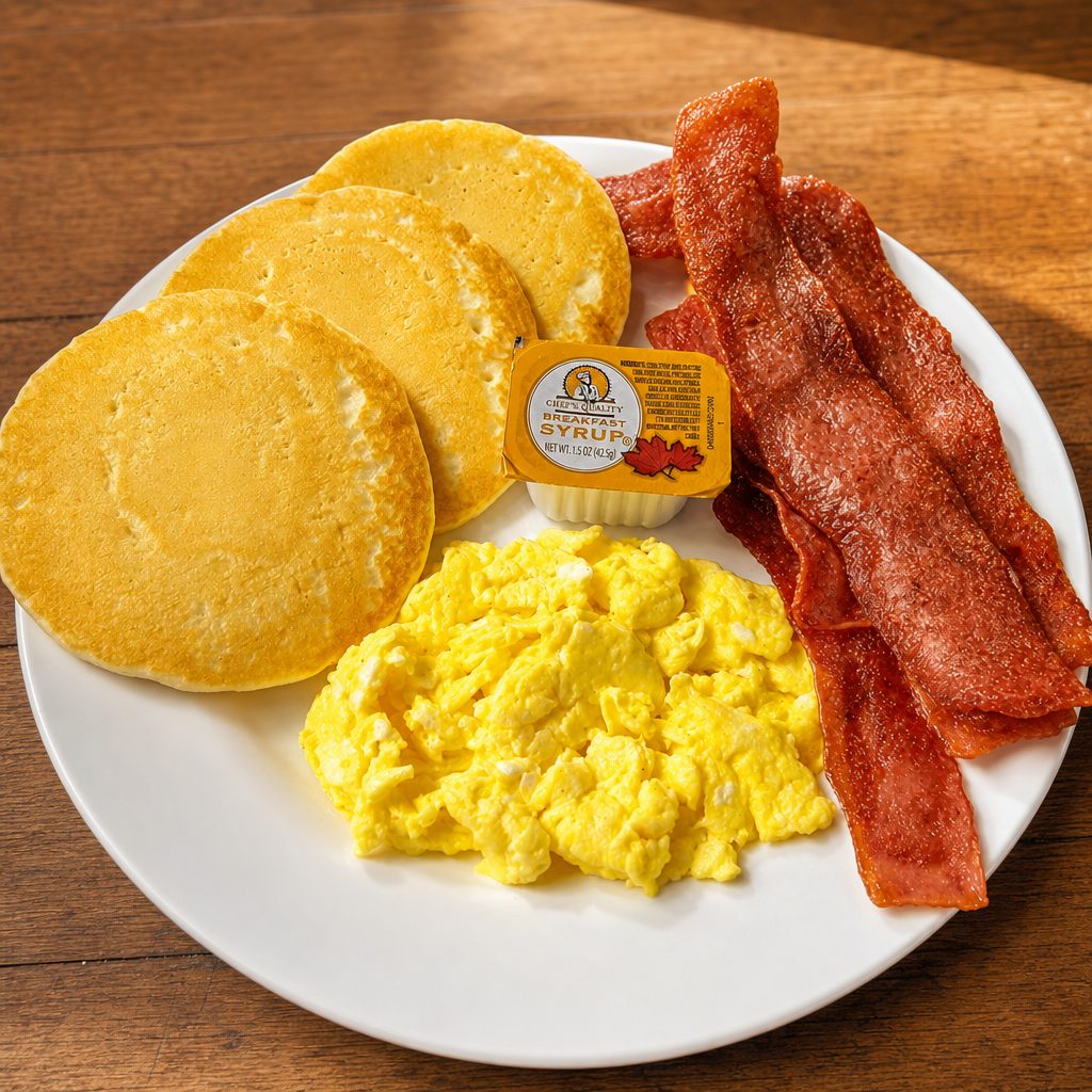 Pancake, Bacon, Eggs.