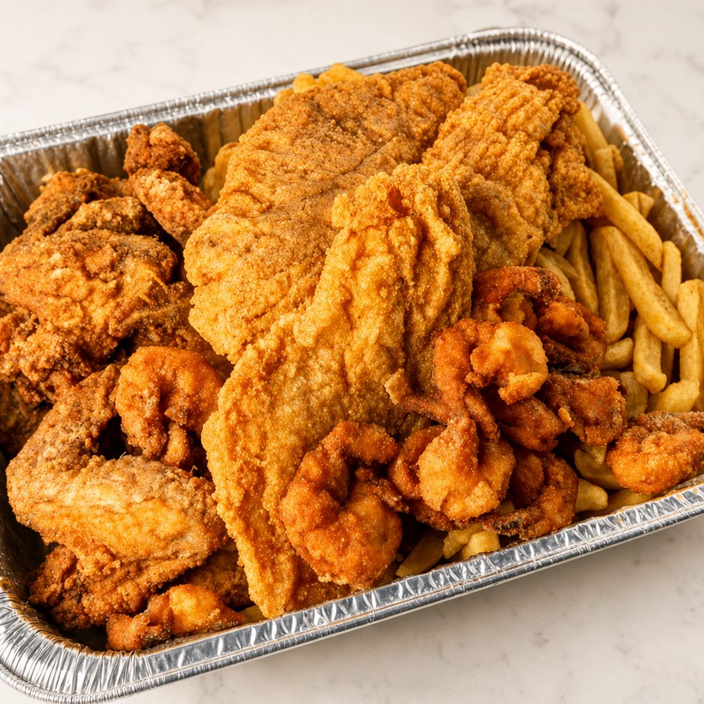 Meal for 3: 3 Pc Fish & 15 Shrimp & 10 Wings.