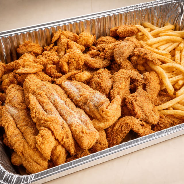 Meal for 5: 5 Pc Fish, 25 Pc Shrimp & 15 Pc Wings.
