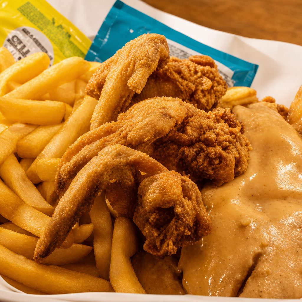 1 Pc Fish, 2 Wings & 5 Shrimp.