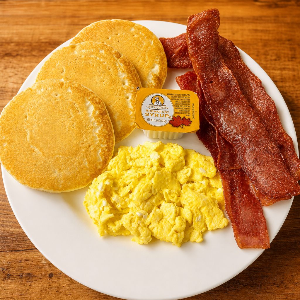 Waffle, Bacon, Eggs.