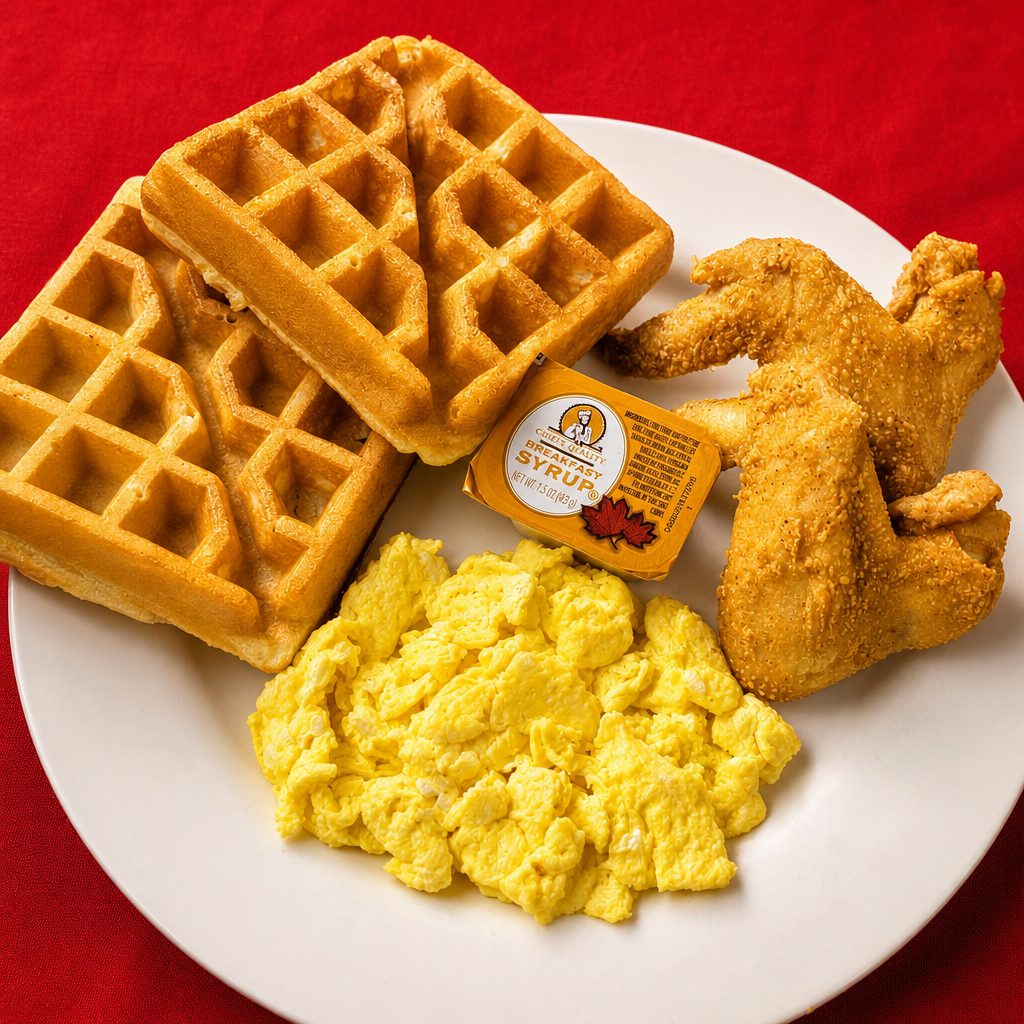 Waffle, 2 Wings, Eggs.