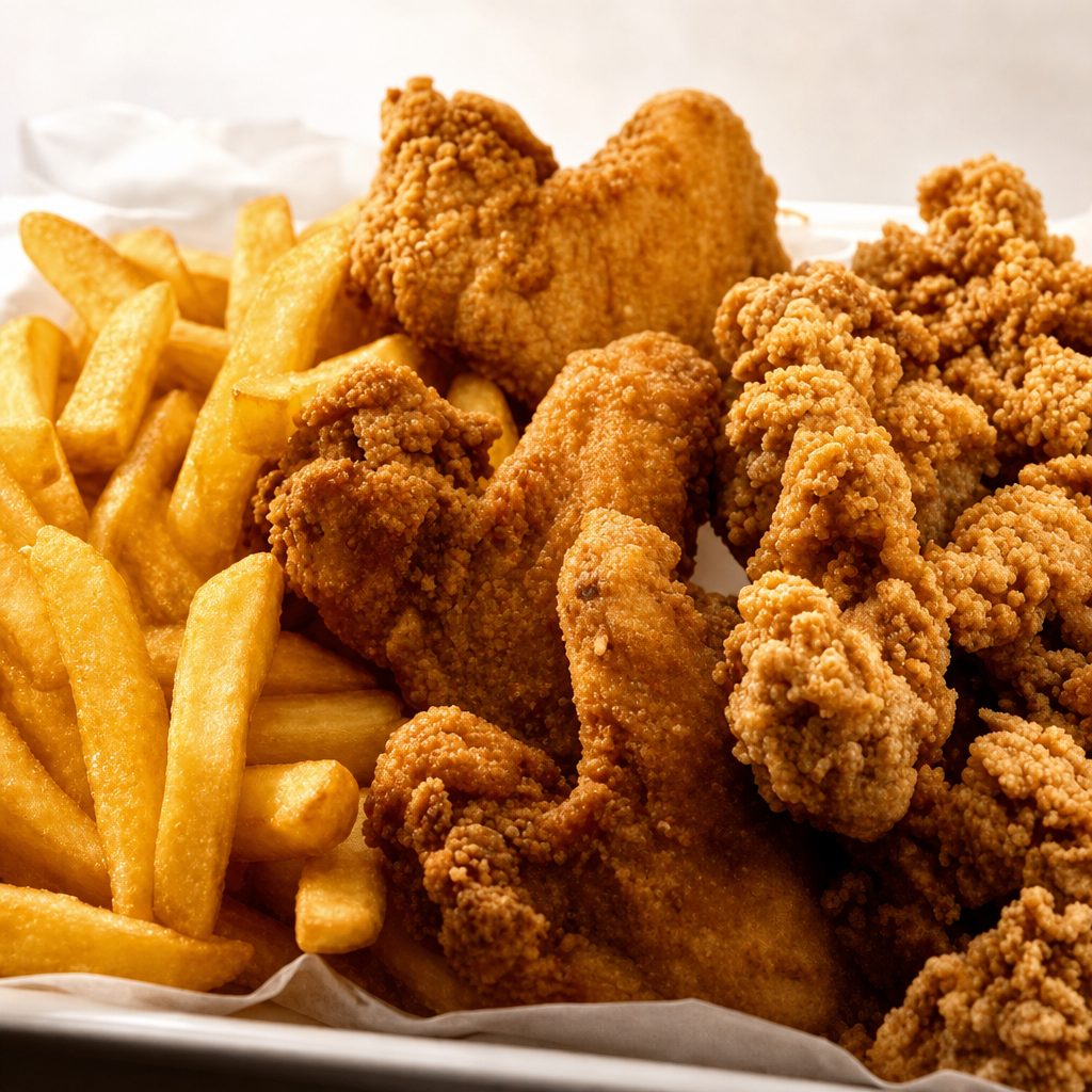 Catfish Nuggets with 2 Wings and 5 Shrimp.