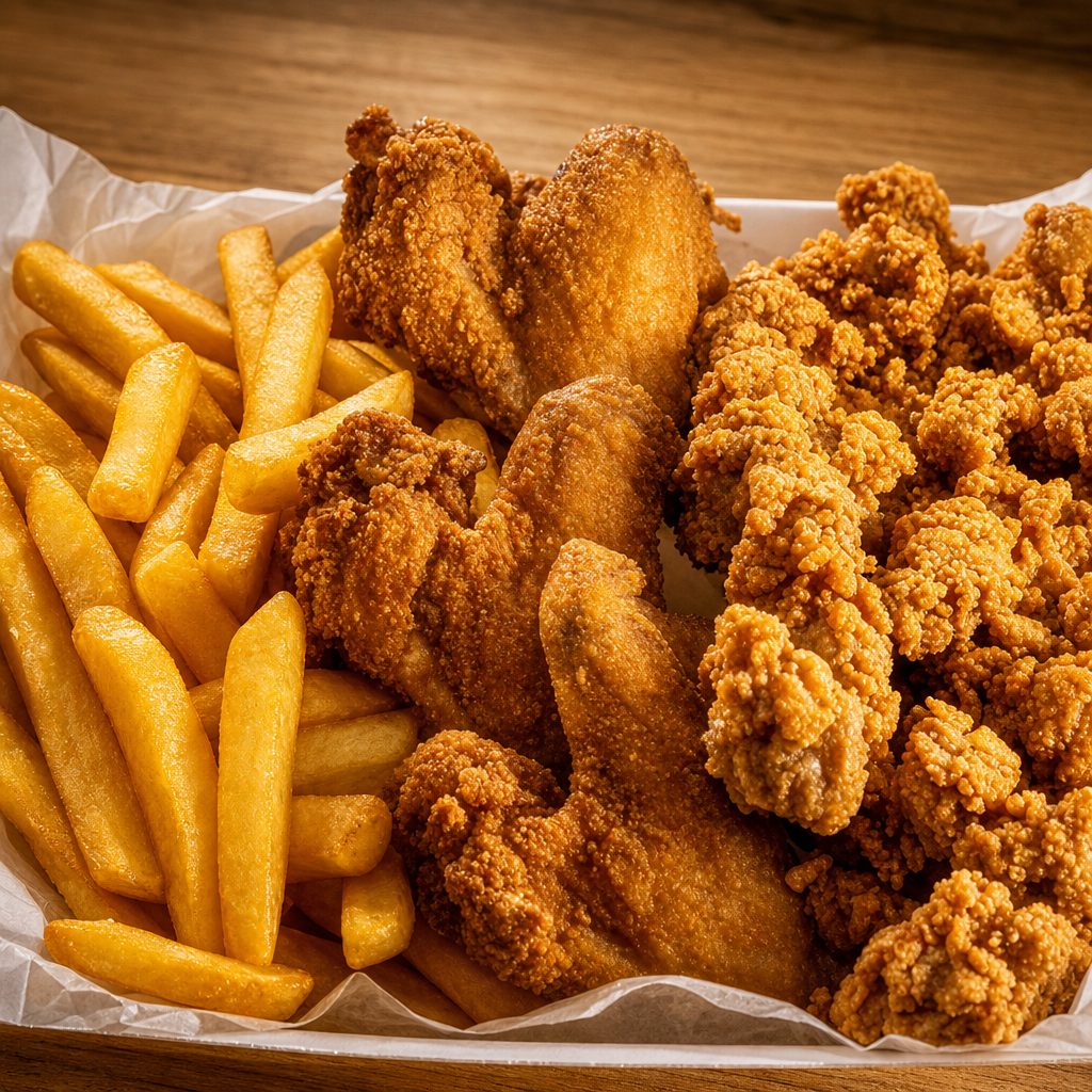 Catfish Nuggets with 2 Wings or 5 Shrimp.