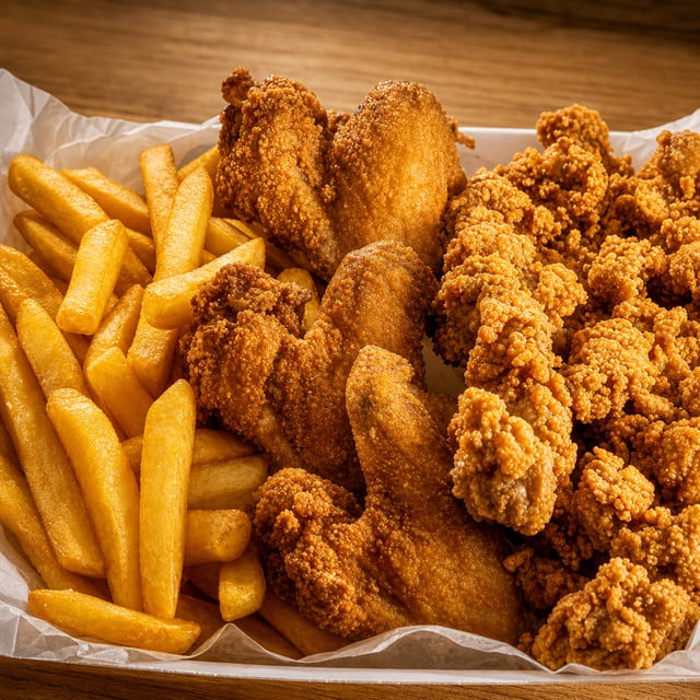 Catfish Nuggets with 2 Wings or 5 Shrimp.